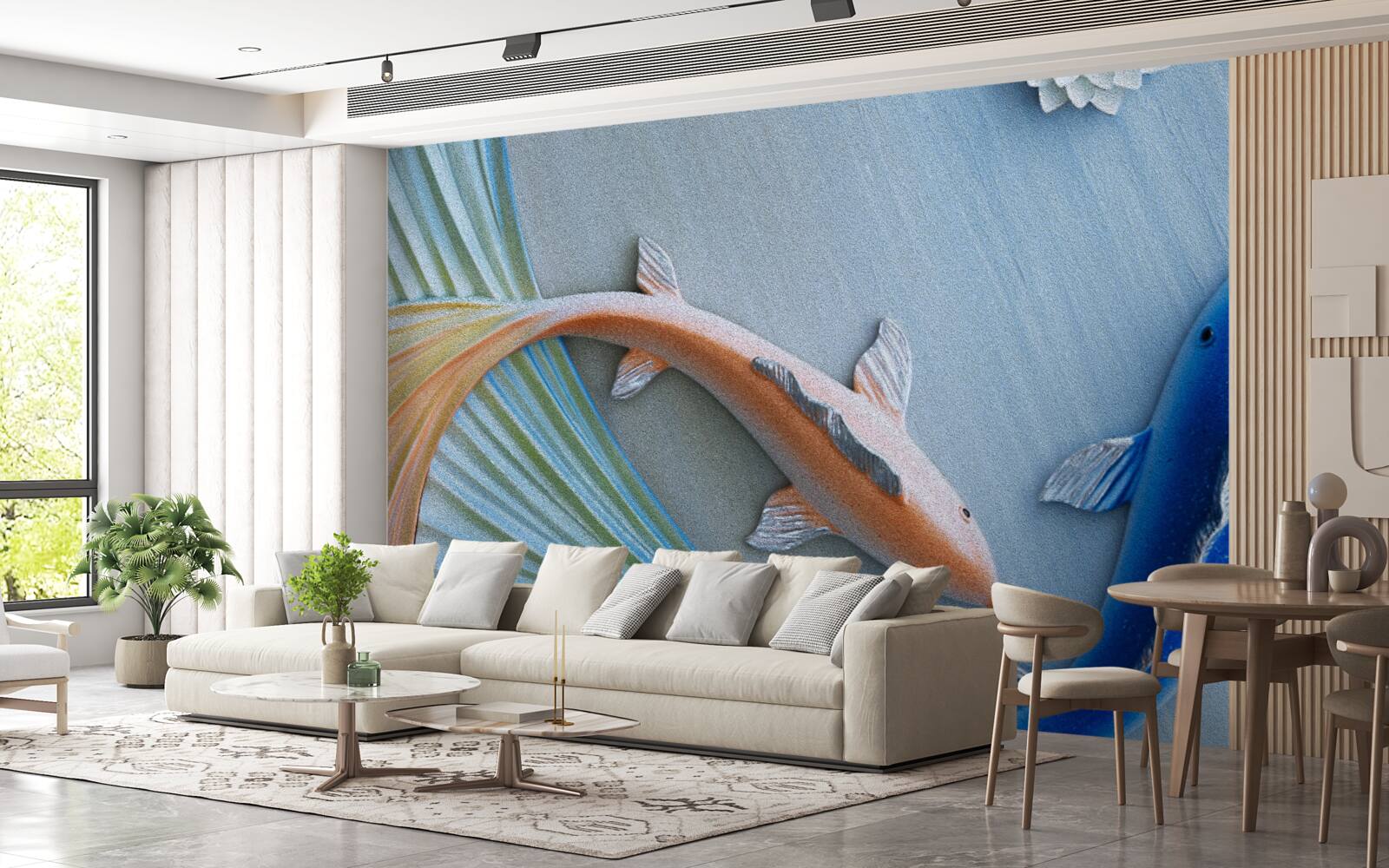 Fotobehang gouden en blauwe vissen zwemmen in het water