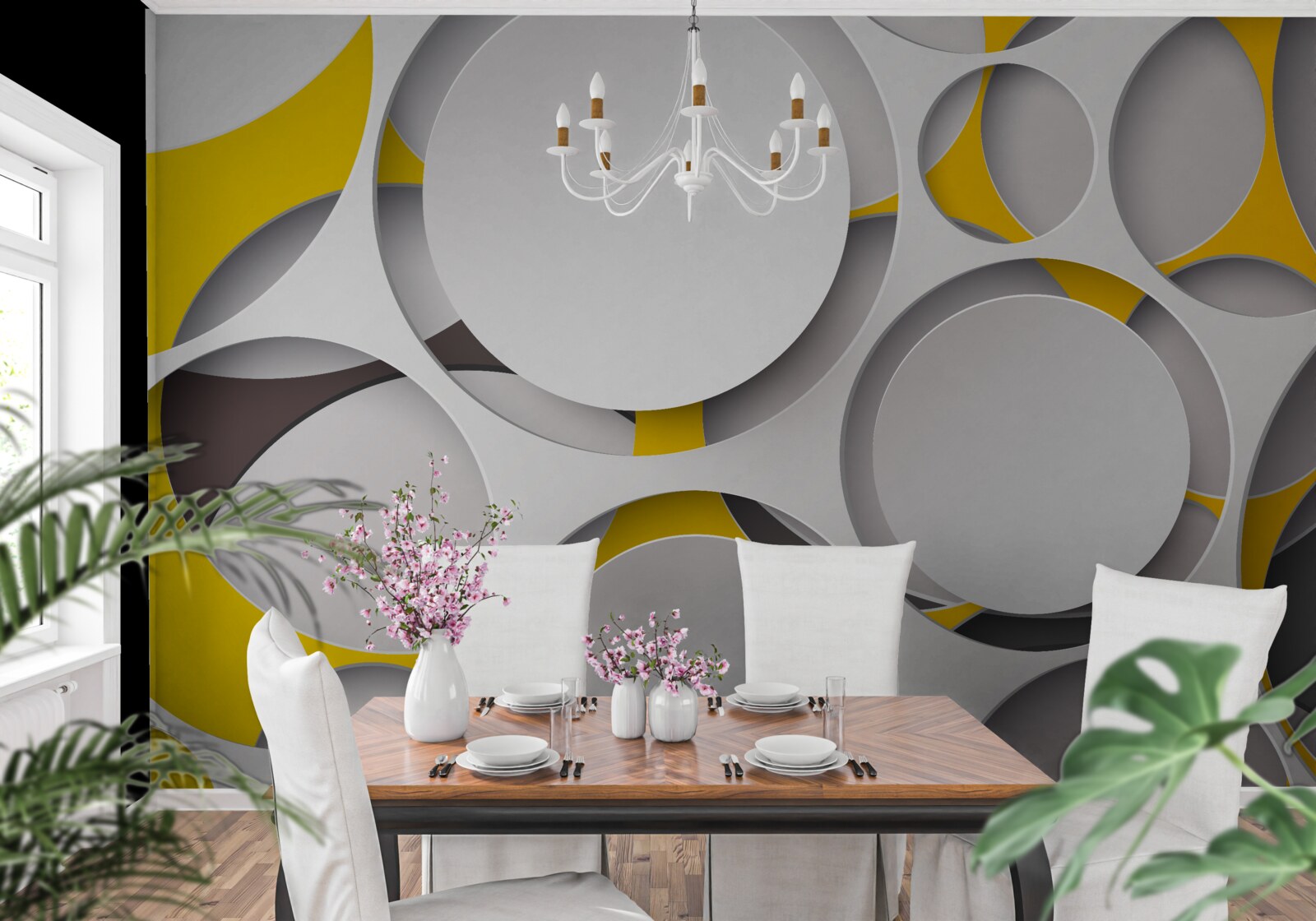 Fotobehang witte cirkelvormige elementen gesneden in geel gaas