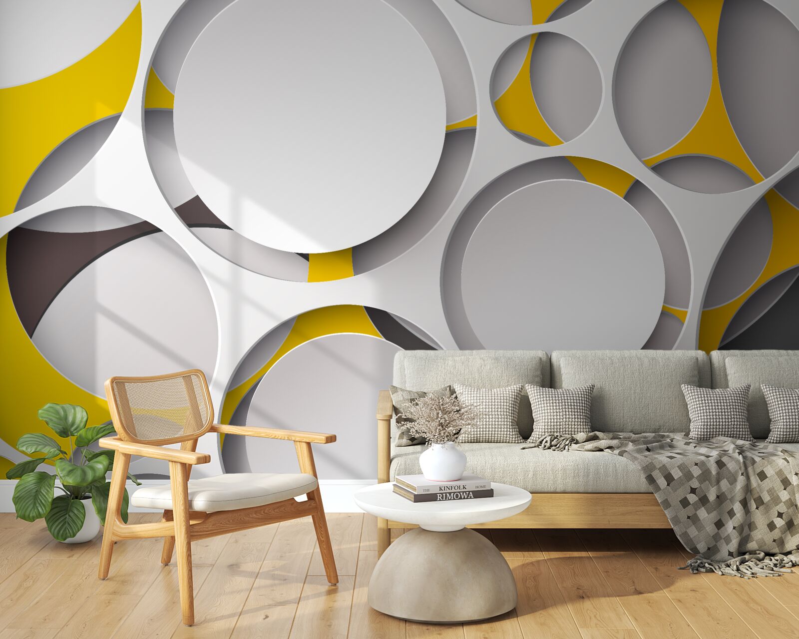 Fotobehang witte cirkelvormige elementen gesneden in geel gaas