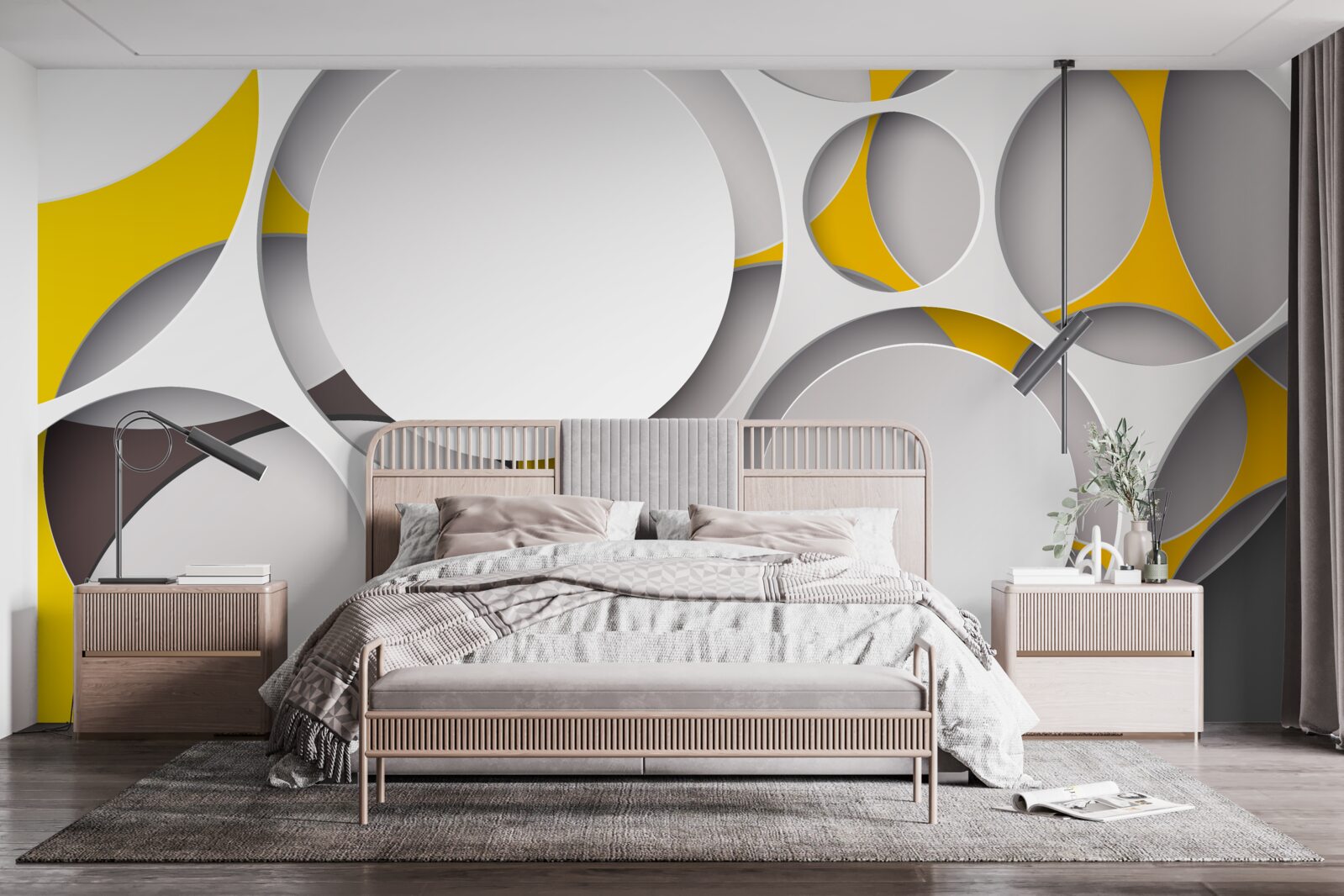 Fotobehang witte cirkelvormige elementen gesneden in geel gaas