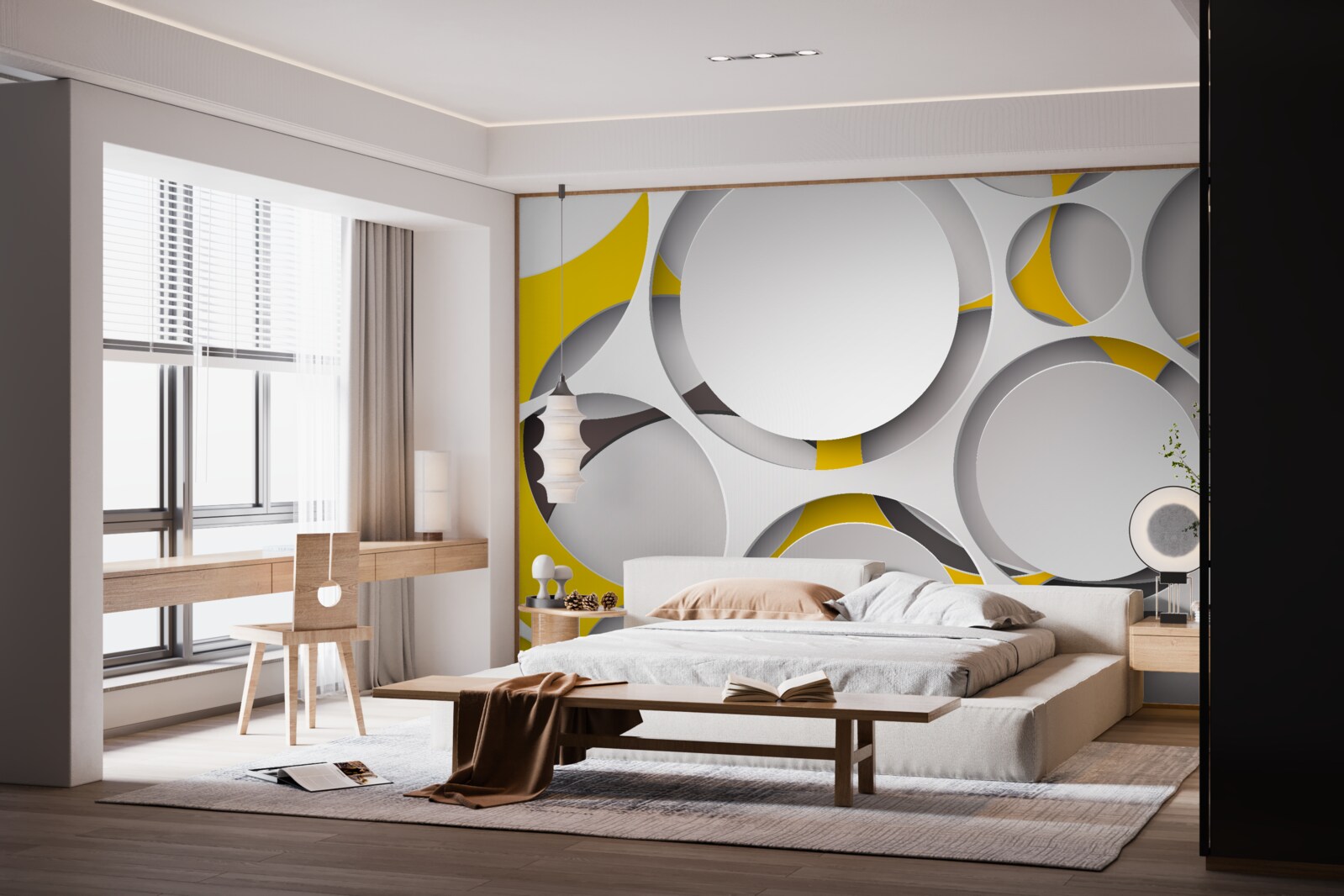 Fotobehang witte cirkelvormige elementen gesneden in geel gaas