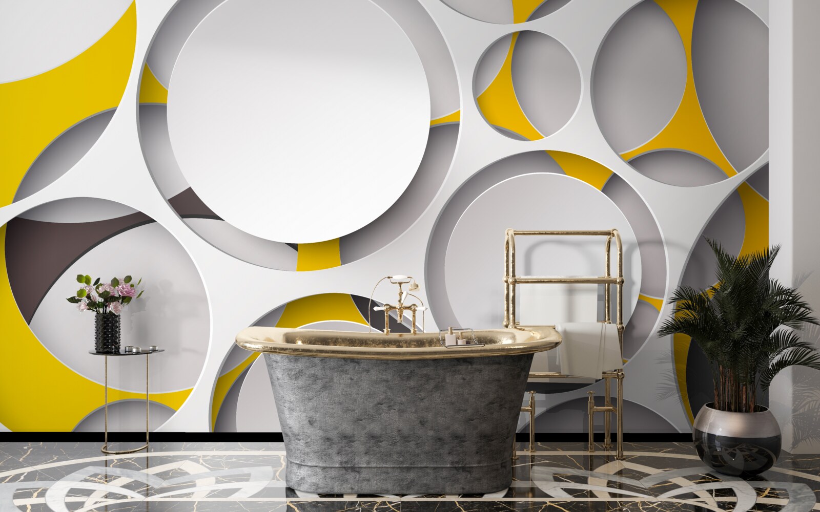 Fotobehang witte cirkelvormige elementen gesneden in geel gaas