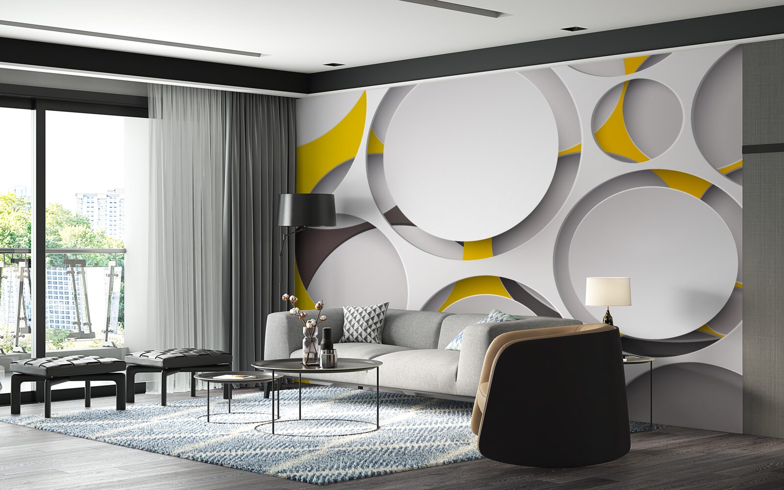 Fotobehang witte cirkelvormige elementen gesneden in geel gaas