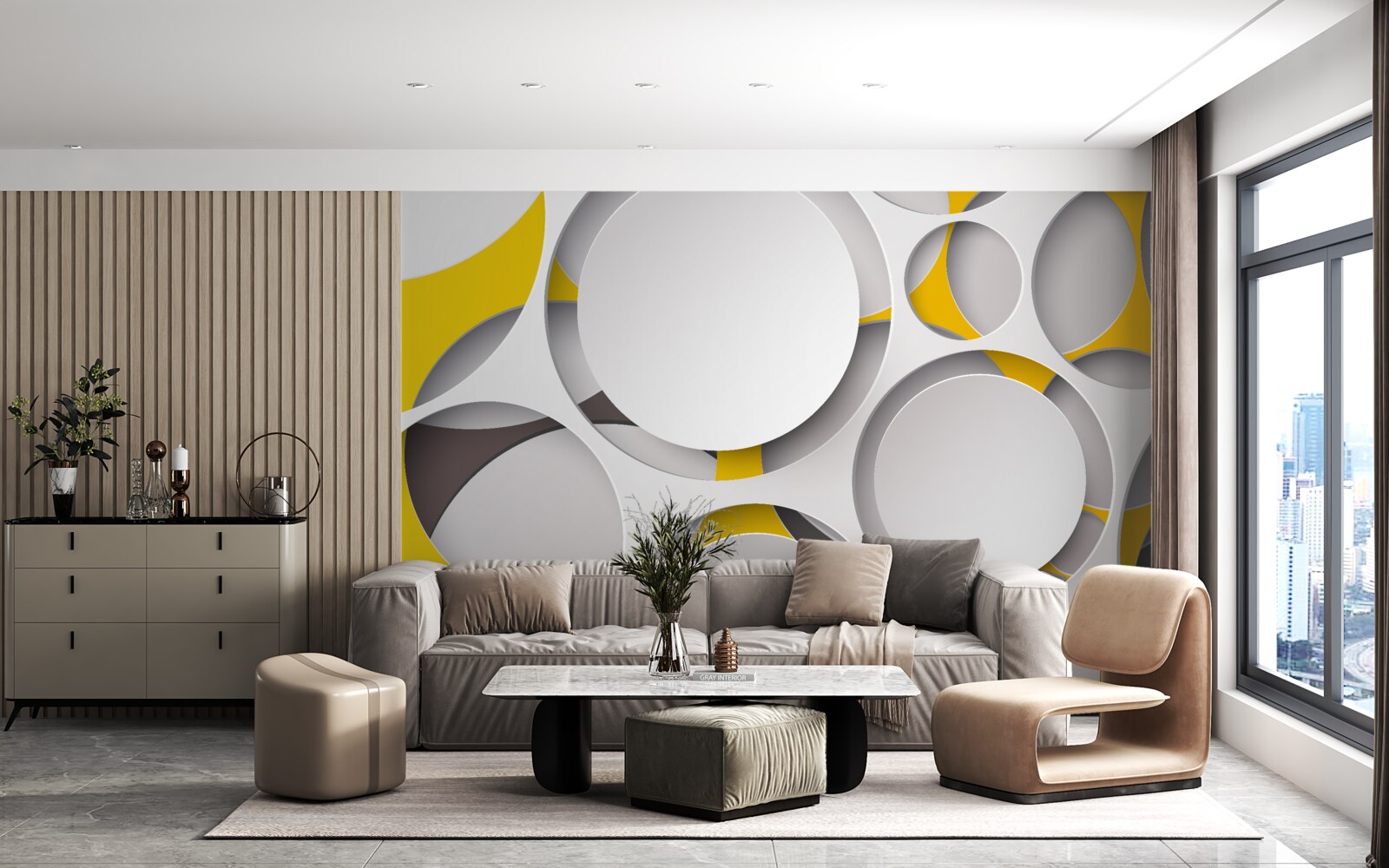 Fotobehang witte cirkelvormige elementen gesneden in geel gaas