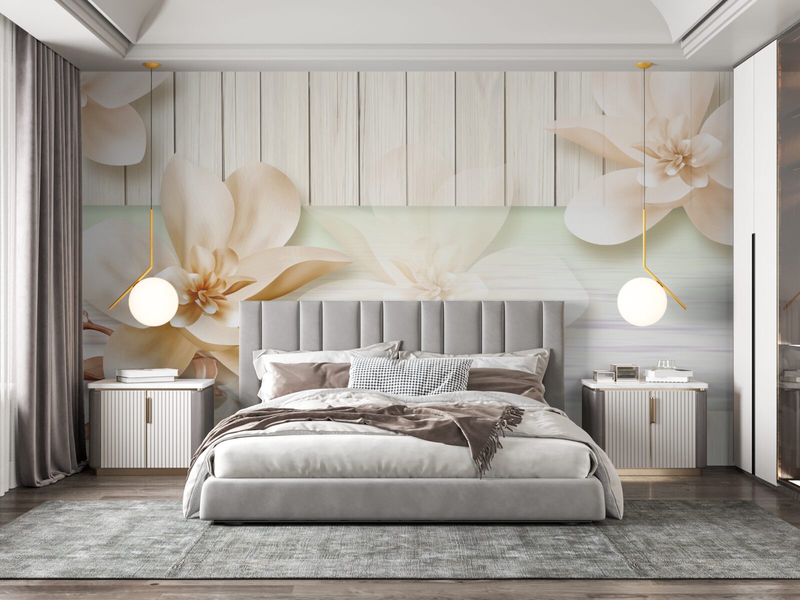 Fotobehang heldere donutperziken op een sneeuwwitte dansvloer