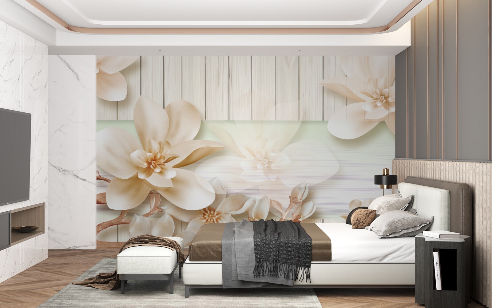 Fotobehang heldere donutperziken op een sneeuwwitte dansvloer