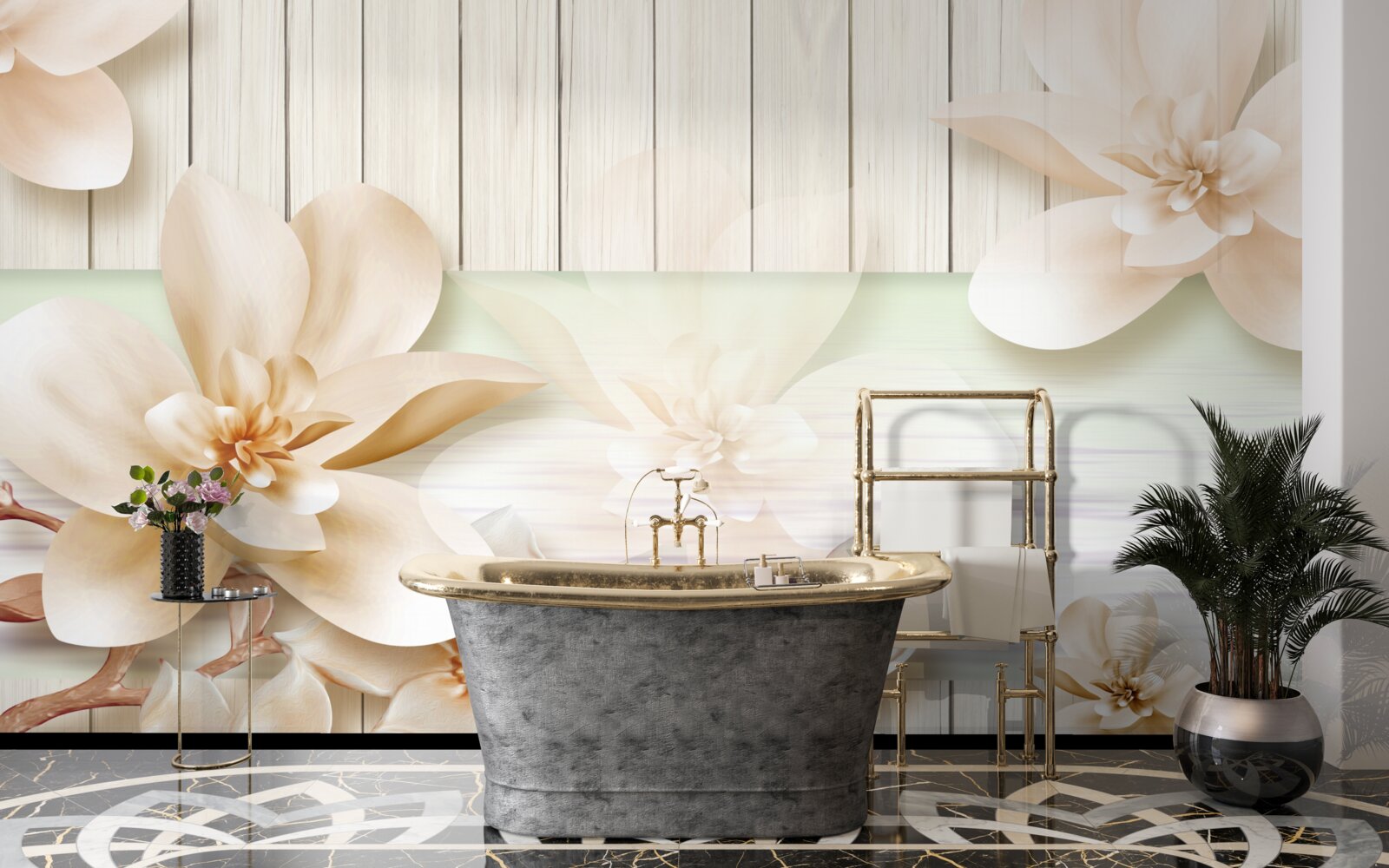 Fotobehang heldere donutperziken op een sneeuwwitte dansvloer