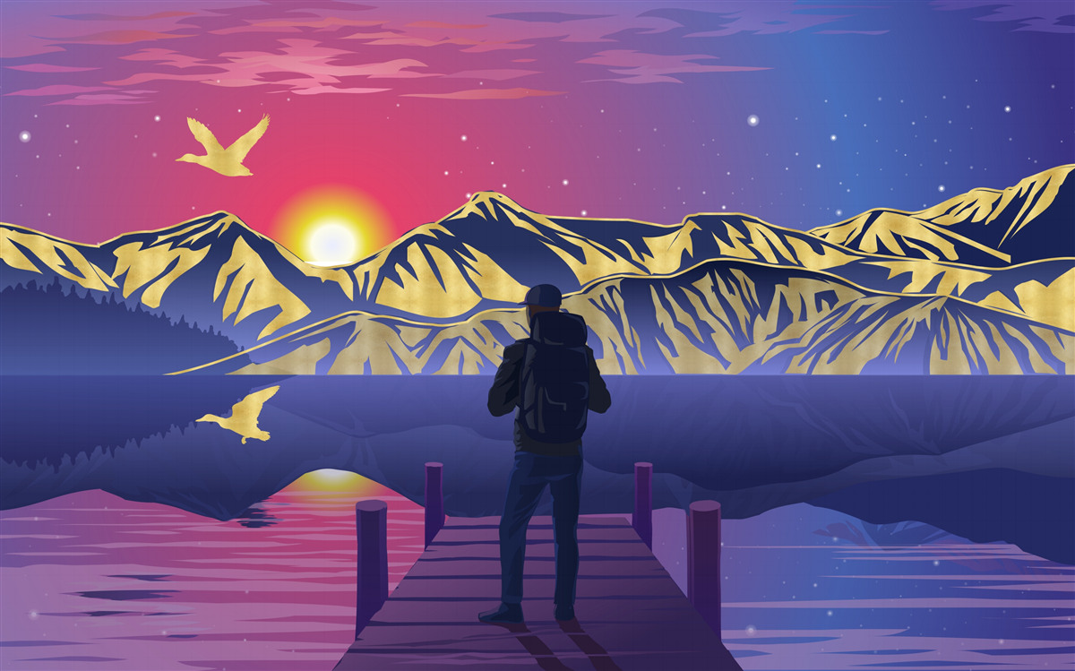 Fotobehang op de brug ontmoet de toerist de dageraad