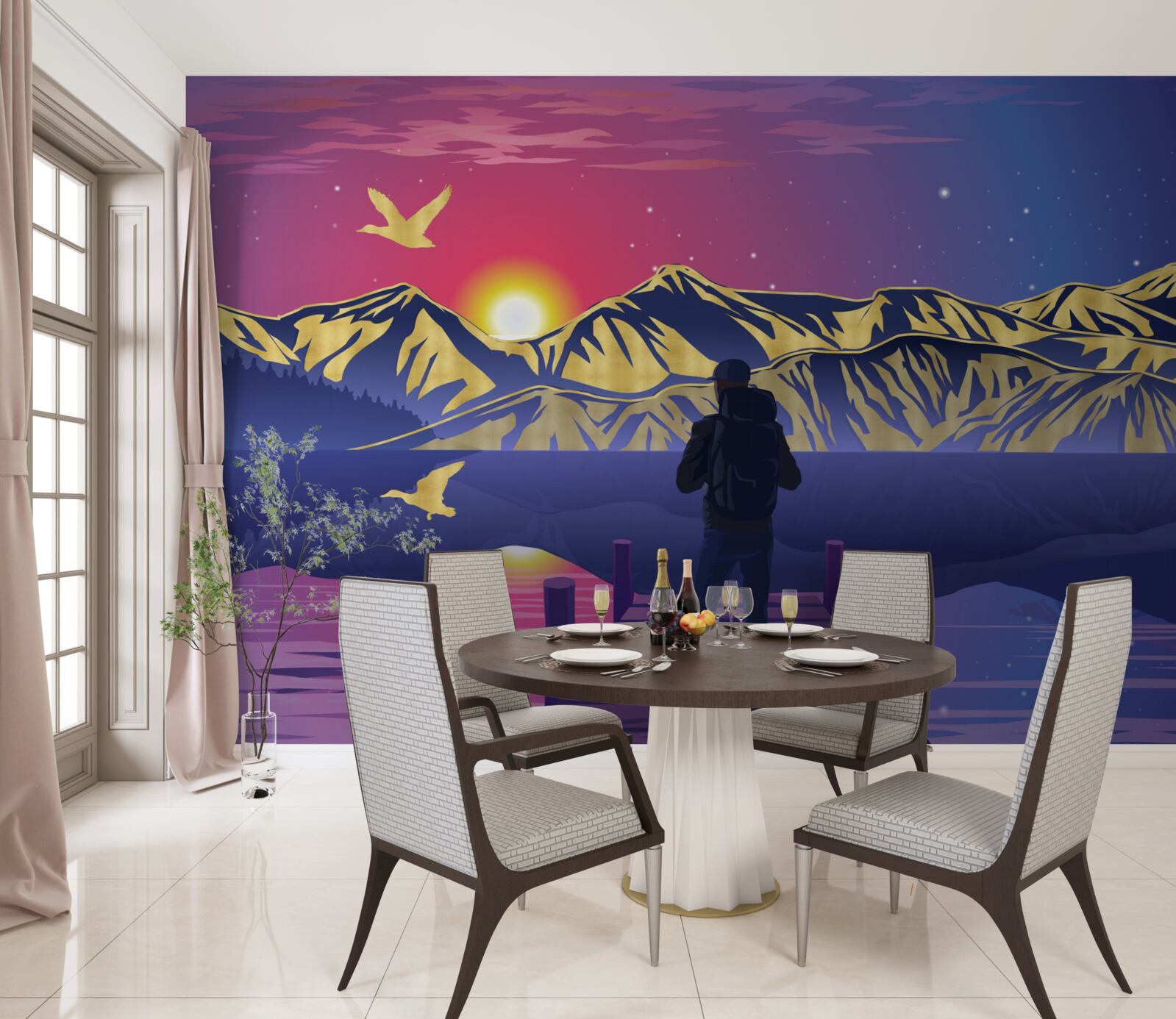 Fotobehang op de brug ontmoet de toerist de dageraad