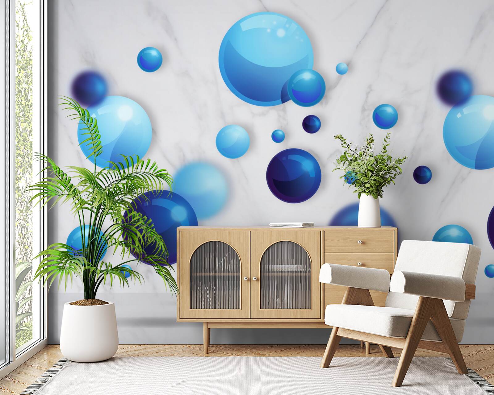 Fotobehang glijdende blauwe en lichtblauwe bollen