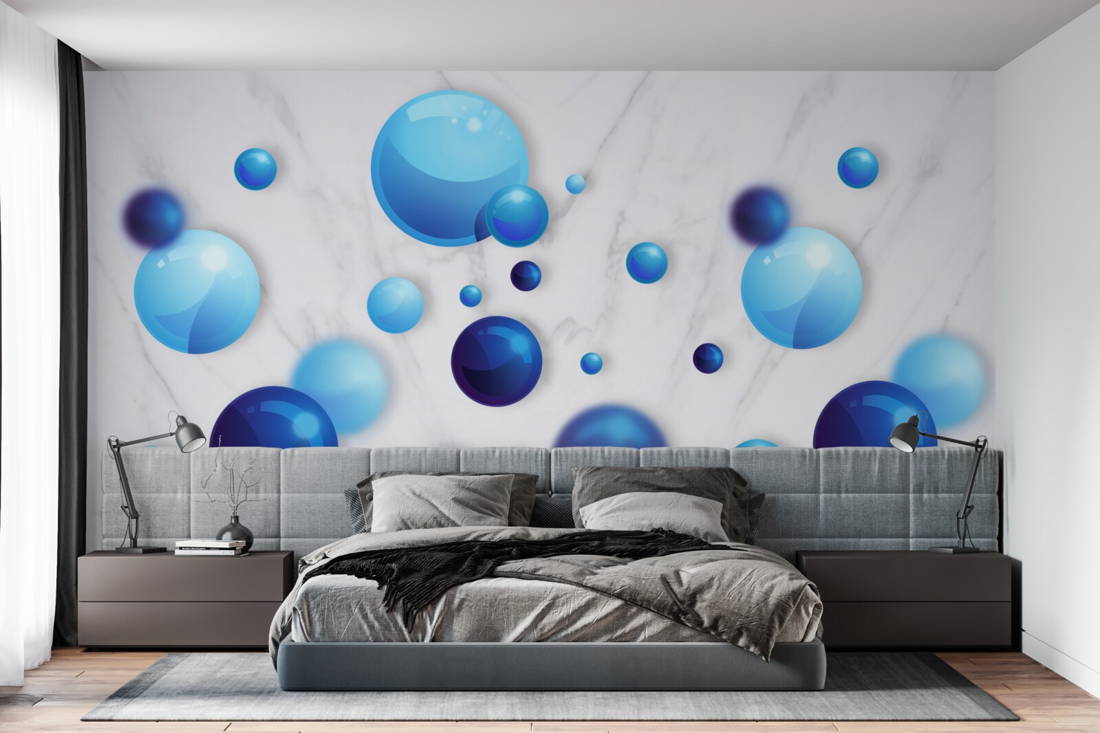 Fotobehang glijdende blauwe en lichtblauwe bollen