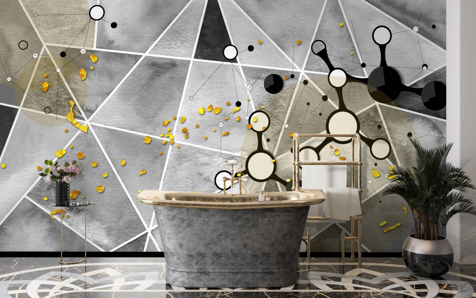 Fotobehang gouddeeltjes op een grijs marmeren oppervlak