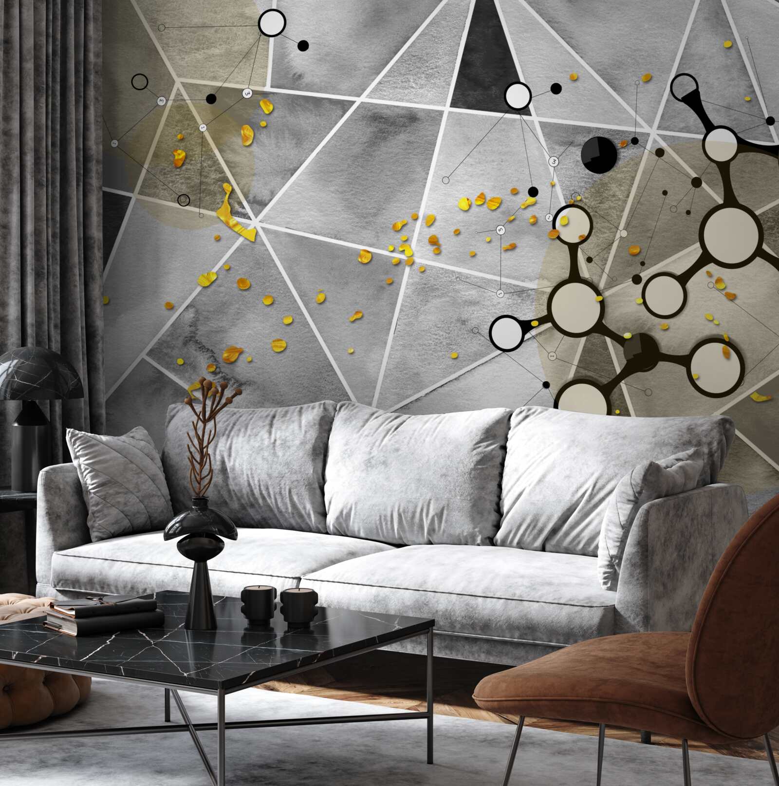 Fotobehang gouddeeltjes op een grijs marmeren oppervlak
