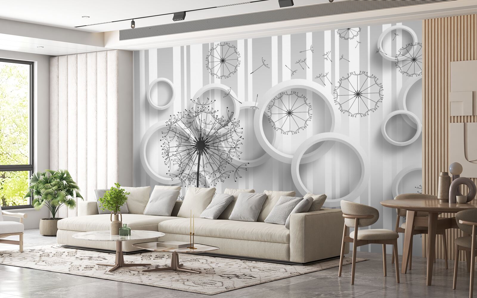 Fotobehang witte vlakken en miljoenpoten op een vervagende achtergrond