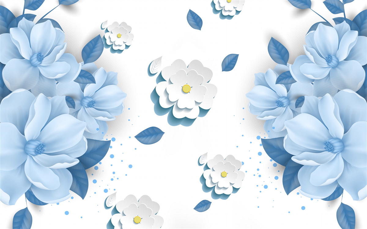 Fotobehang zachtblauwe bloemen op een sneeuwwitte achtergrond