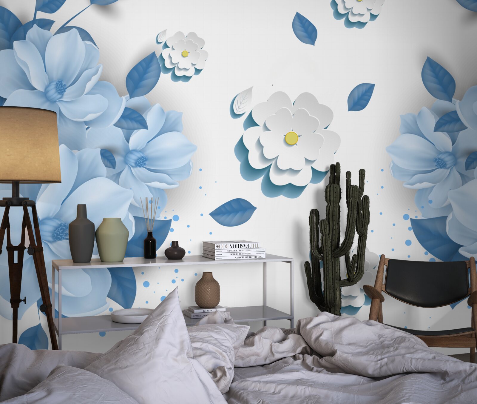 Fotobehang zachtblauwe bloemen op een sneeuwwitte achtergrond