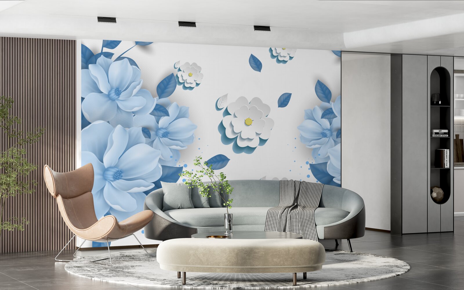 Fotobehang zachtblauwe bloemen op een sneeuwwitte achtergrond