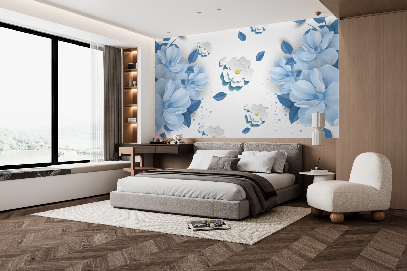 Fotobehang zachtblauwe bloemen op een sneeuwwitte achtergrond