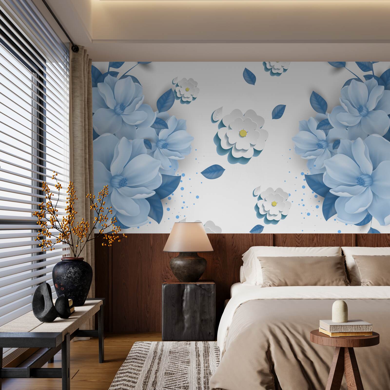 Fotobehang zachtblauwe bloemen op een sneeuwwitte achtergrond