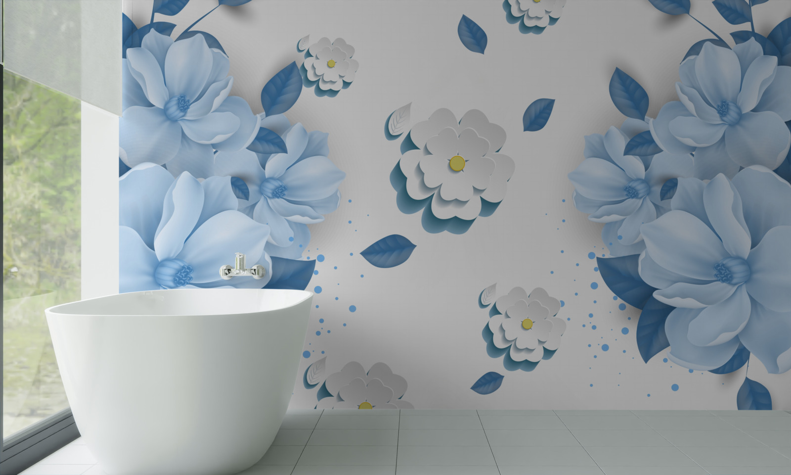 Fotobehang zachtblauwe bloemen op een sneeuwwitte achtergrond