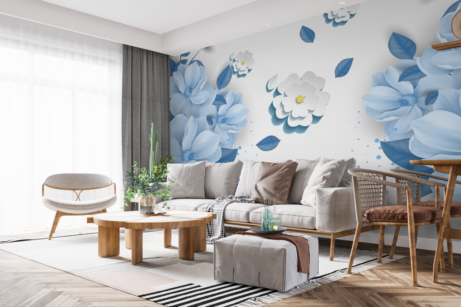 Fotobehang zachtblauwe bloemen op een sneeuwwitte achtergrond