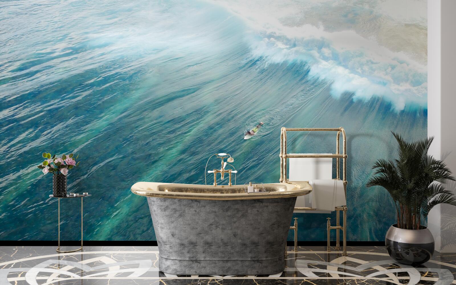 Fotobehang oceaangolven overwinnen door te surfen