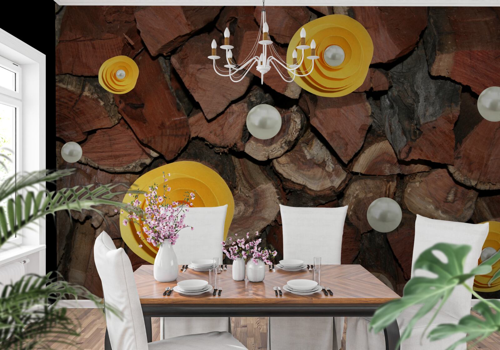 Fotobehang geelgekleurde bloemen, parels en stukjes hout