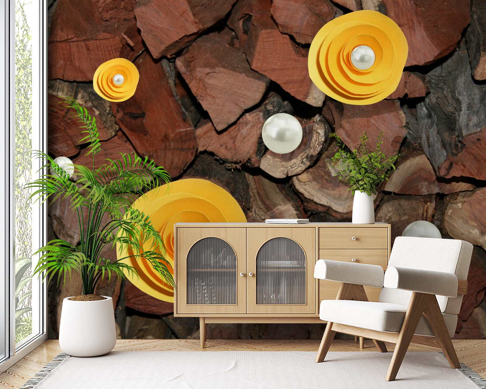 Fotobehang geelgekleurde bloemen, parels en stukjes hout