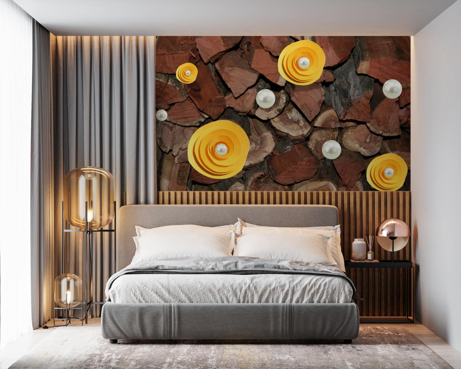 Fotobehang geelgekleurde bloemen, parels en stukjes hout