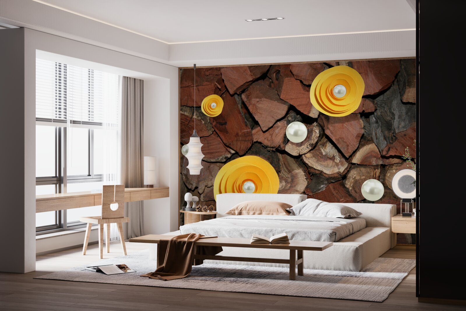 Fotobehang geelgekleurde bloemen, parels en stukjes hout