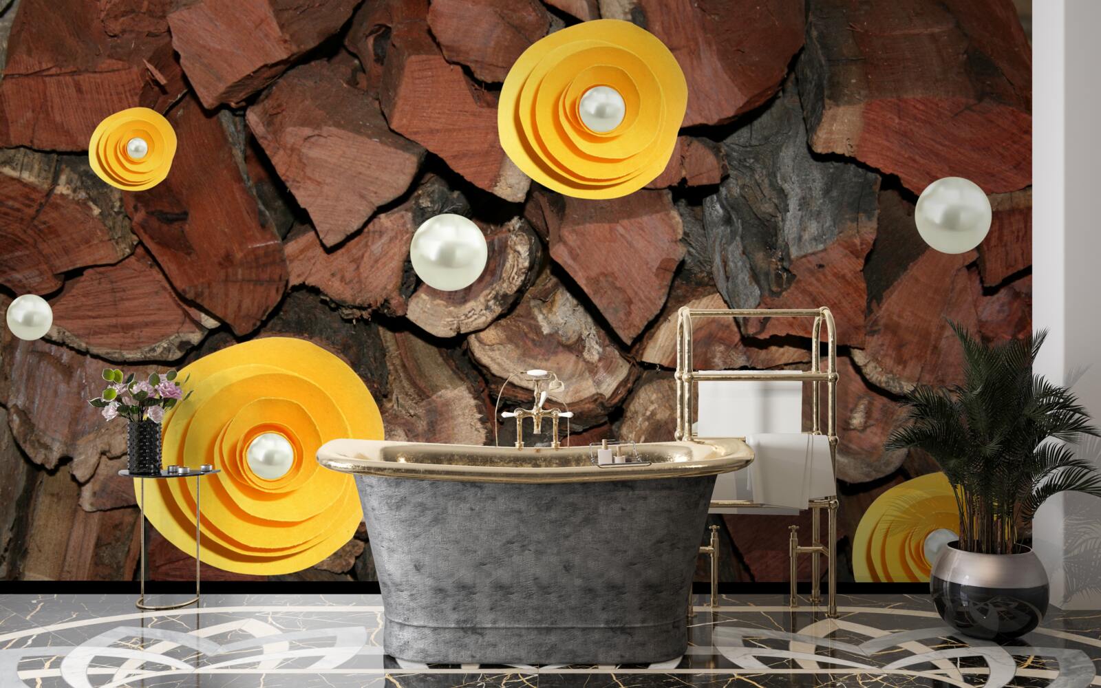 Fotobehang geelgekleurde bloemen, parels en stukjes hout