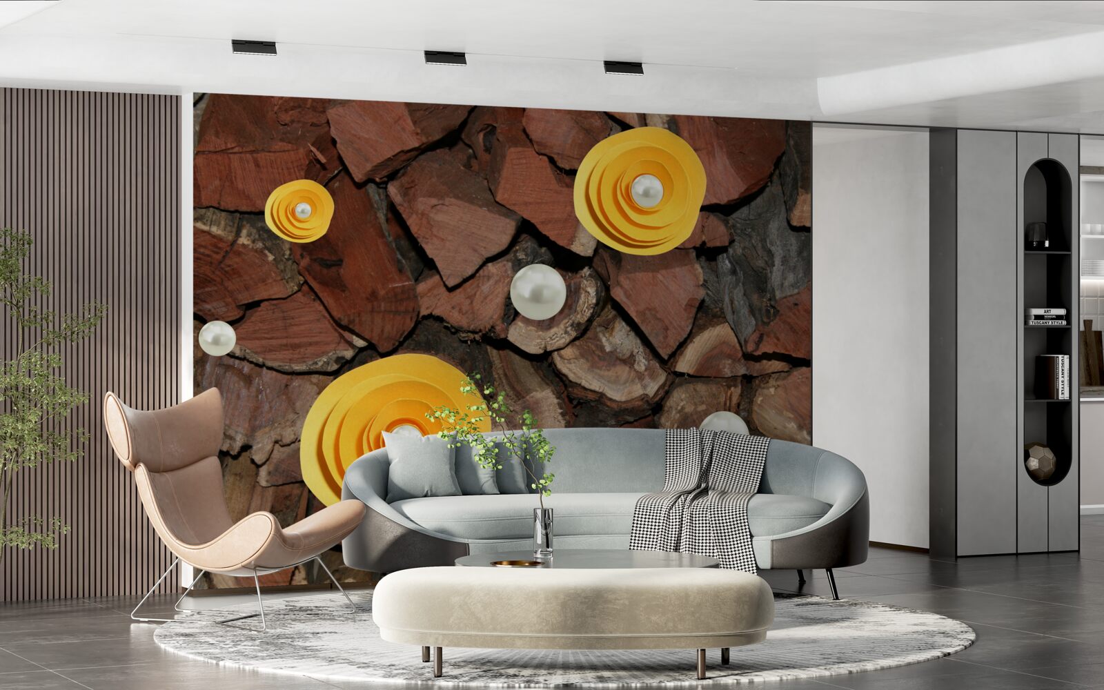 Fotobehang geelgekleurde bloemen, parels en stukjes hout