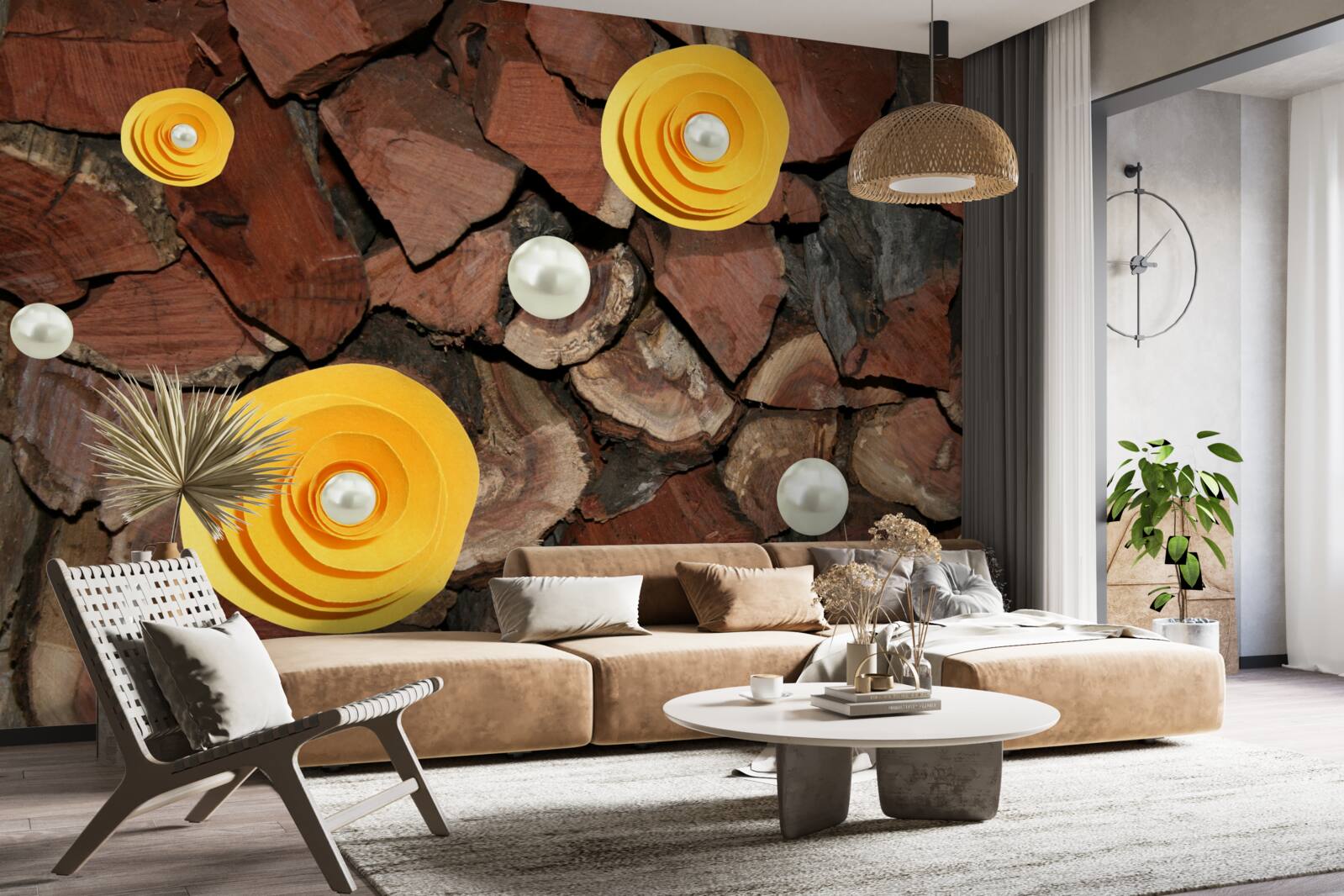 Fotobehang geelgekleurde bloemen, parels en stukjes hout