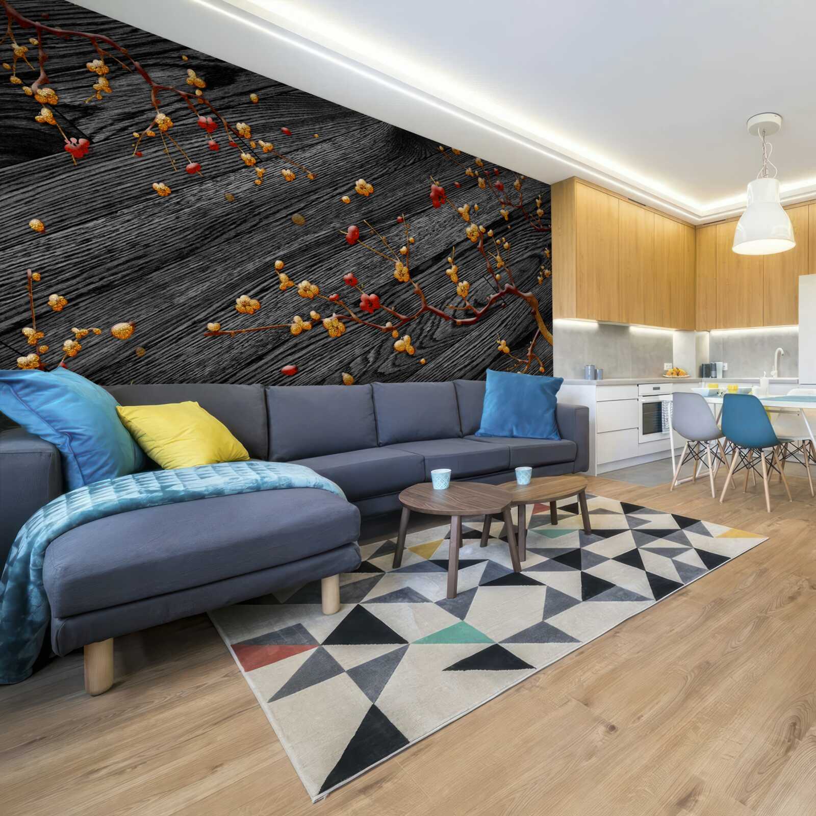 Fotobehang magnolia tak, verguld na zonsondergang