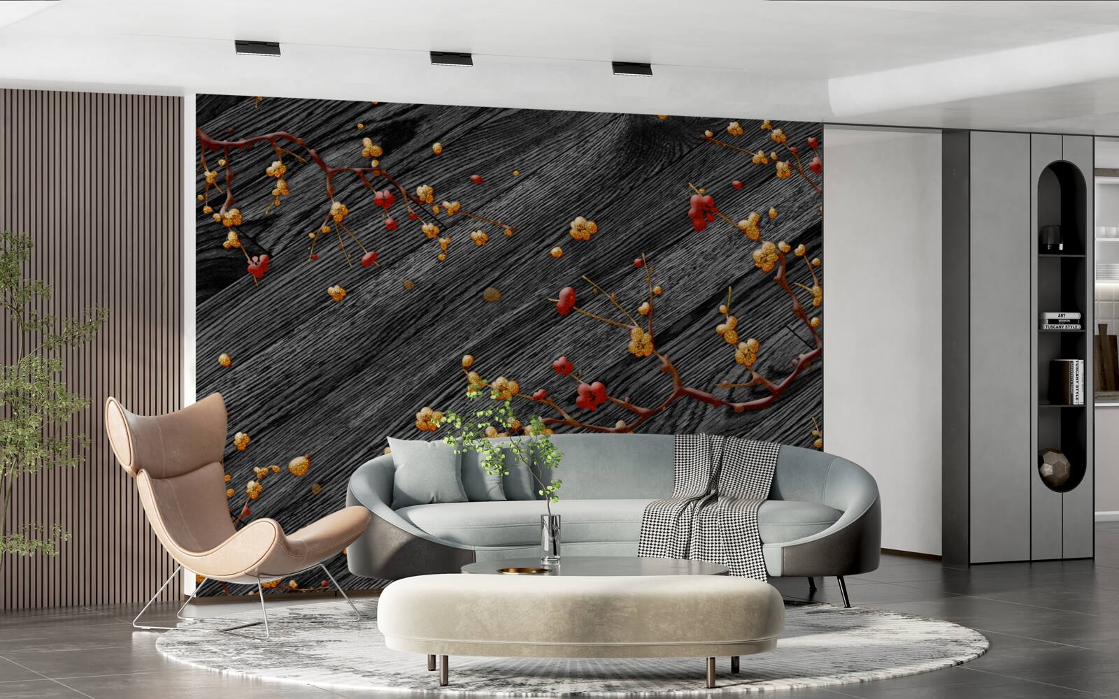 Fotobehang magnolia tak, verguld na zonsondergang