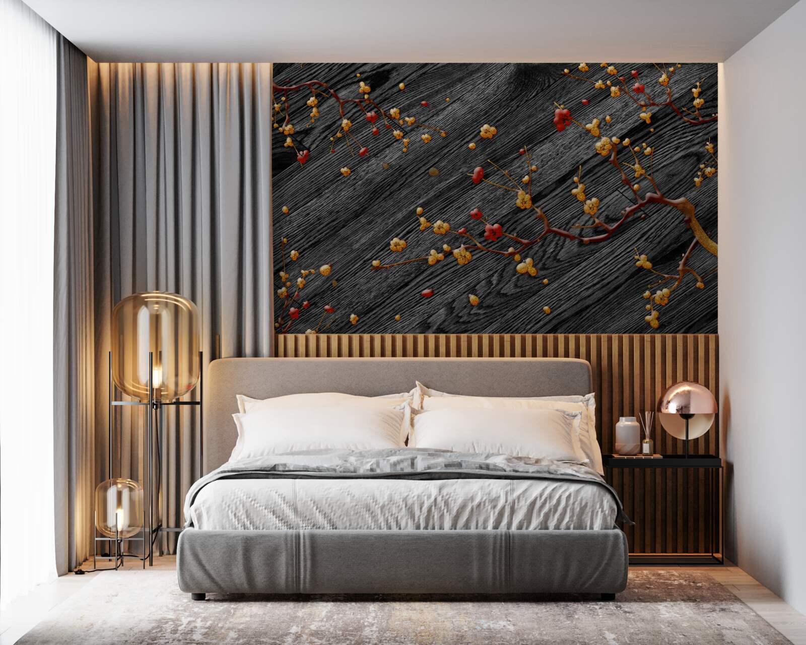 Fotobehang magnolia tak, verguld na zonsondergang