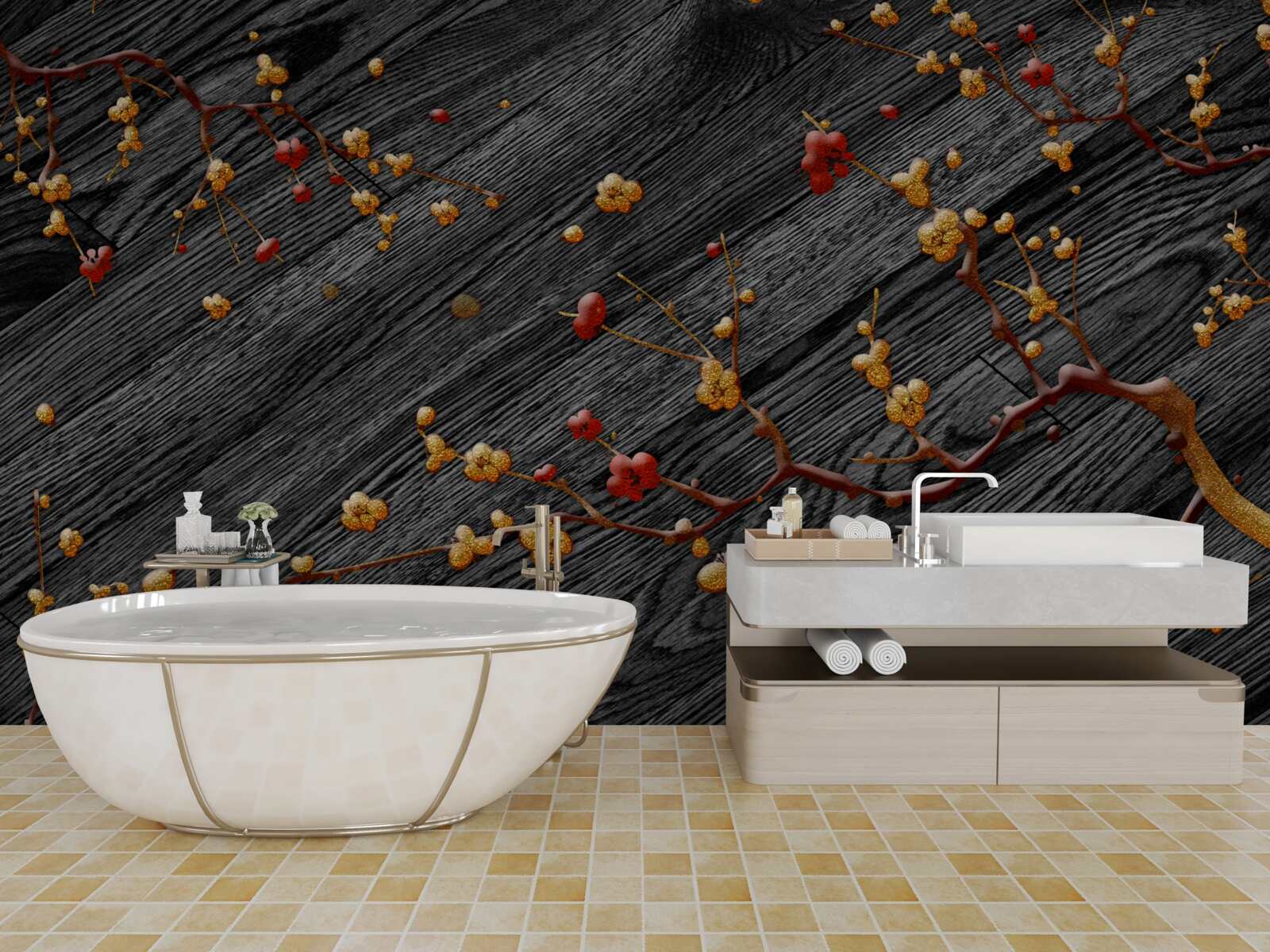 Fotobehang magnolia tak, verguld na zonsondergang