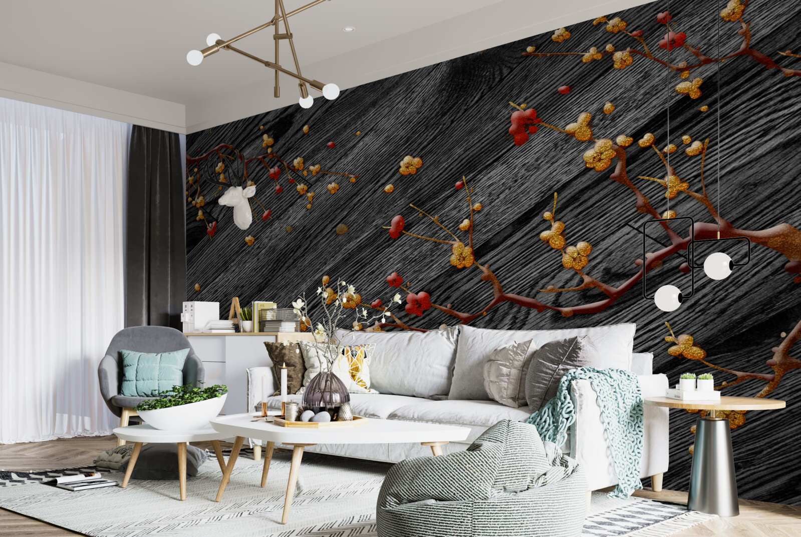 Fotobehang magnolia tak, verguld na zonsondergang