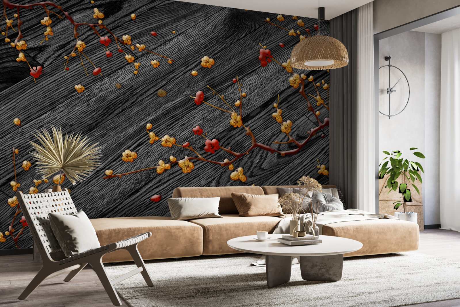 Fotobehang magnolia tak, verguld na zonsondergang