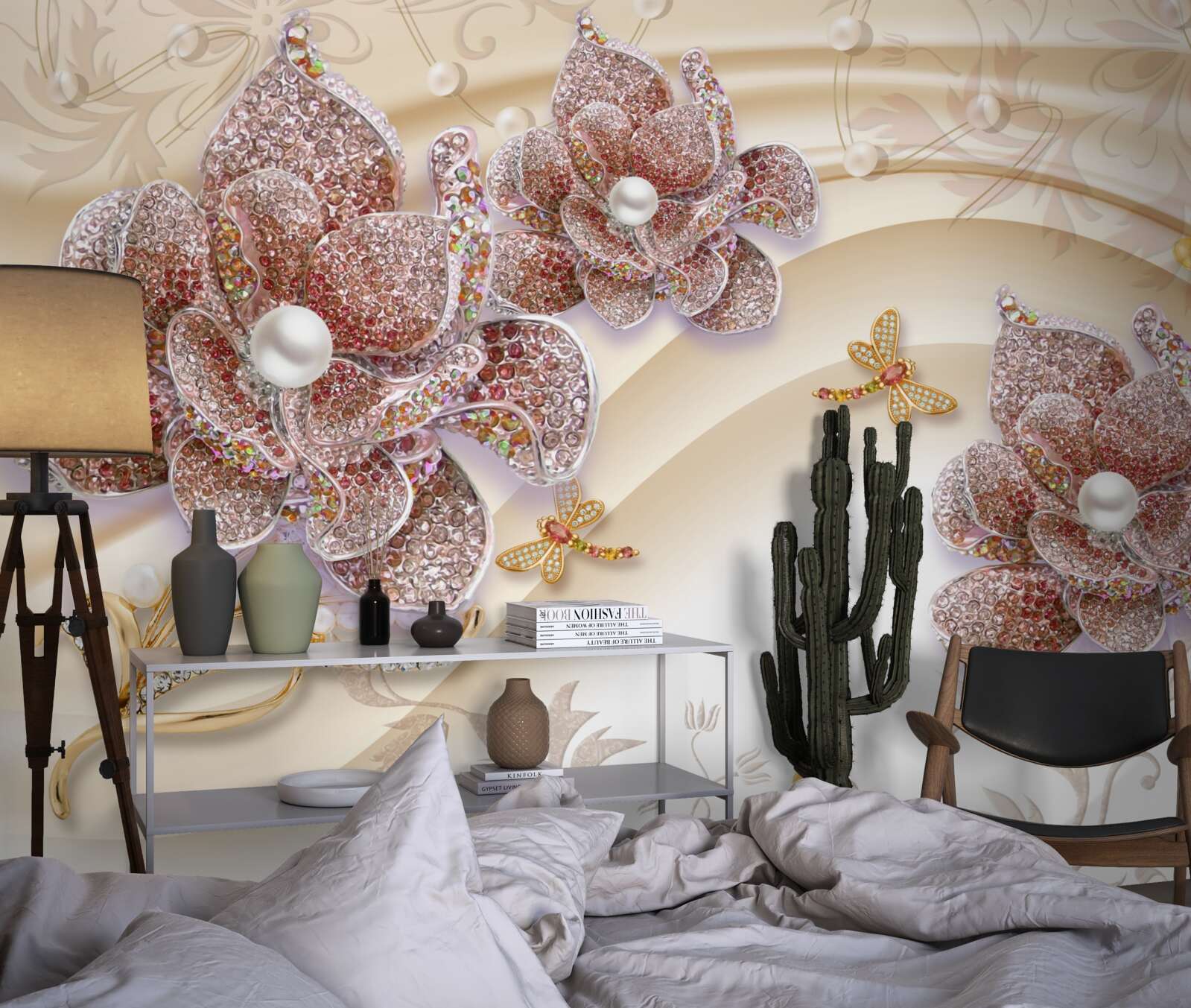 Fotobehang compositie van parelbloemen en vlinders