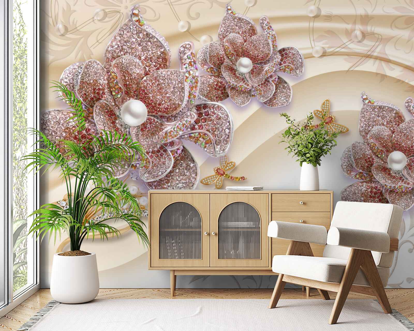 Fotobehang compositie van parelbloemen en vlinders