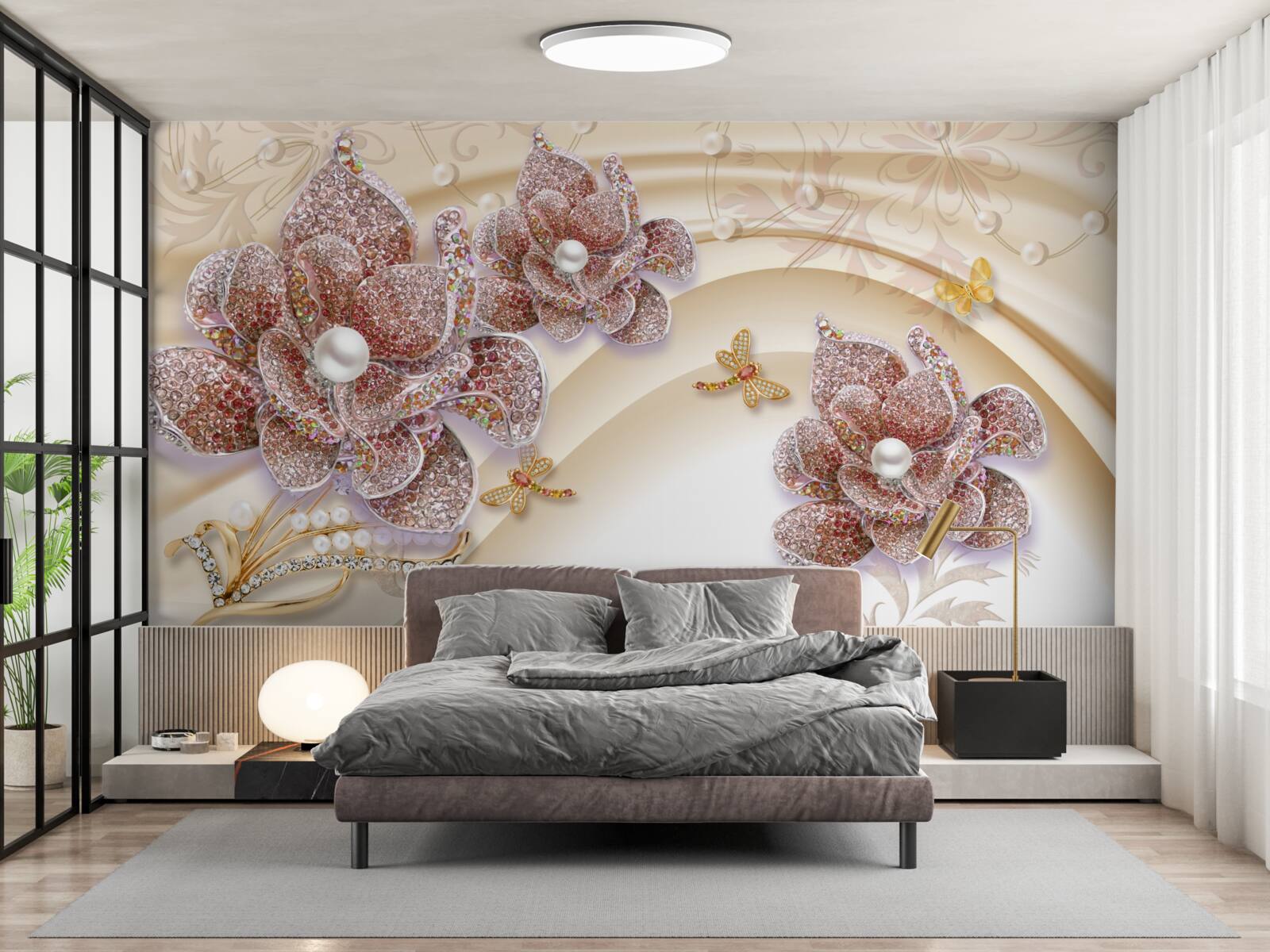 Fotobehang compositie van parelbloemen en vlinders