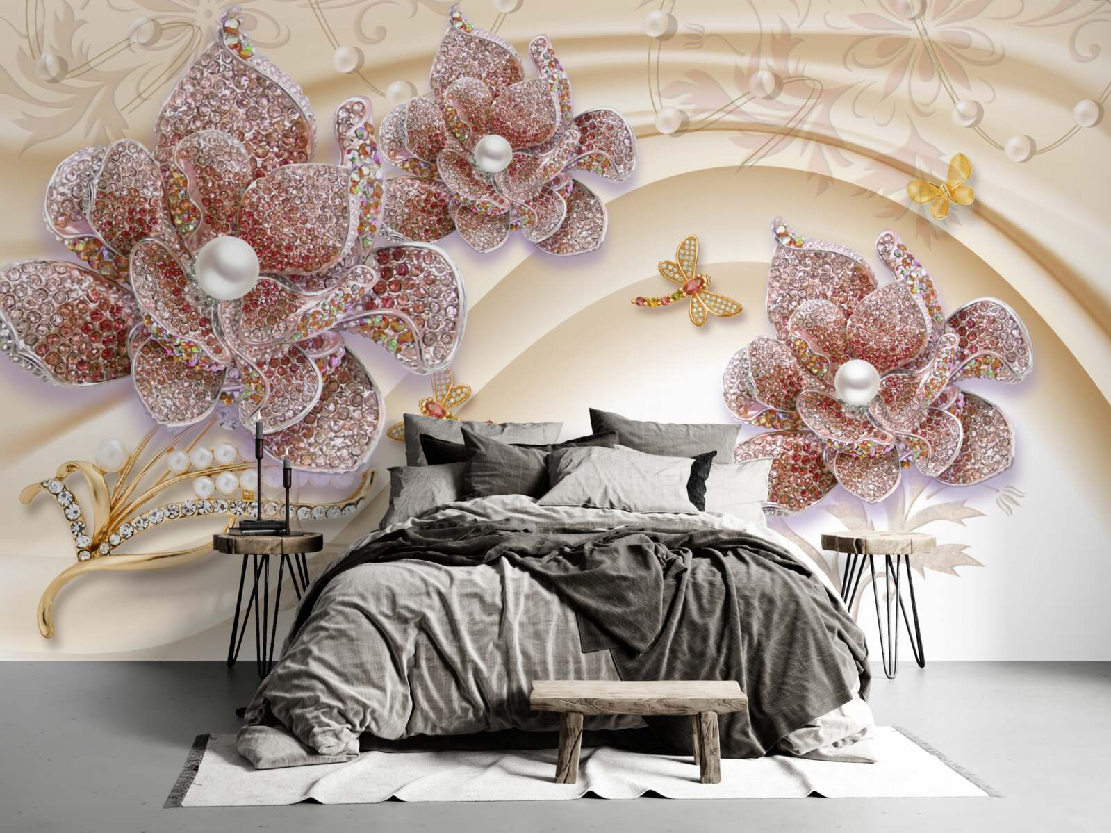 Fotobehang compositie van parelbloemen en vlinders