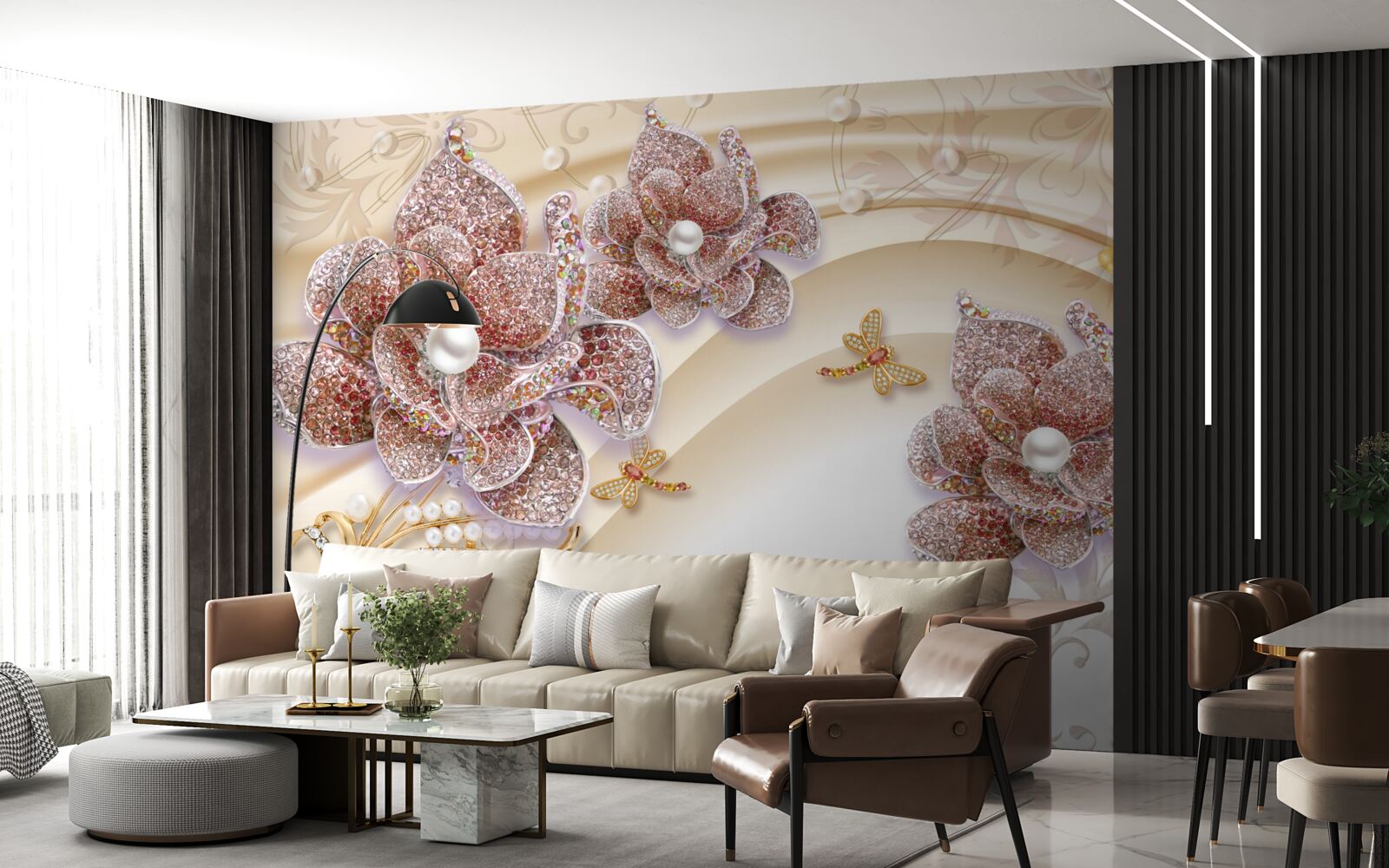 Fotobehang compositie van parelbloemen en vlinders