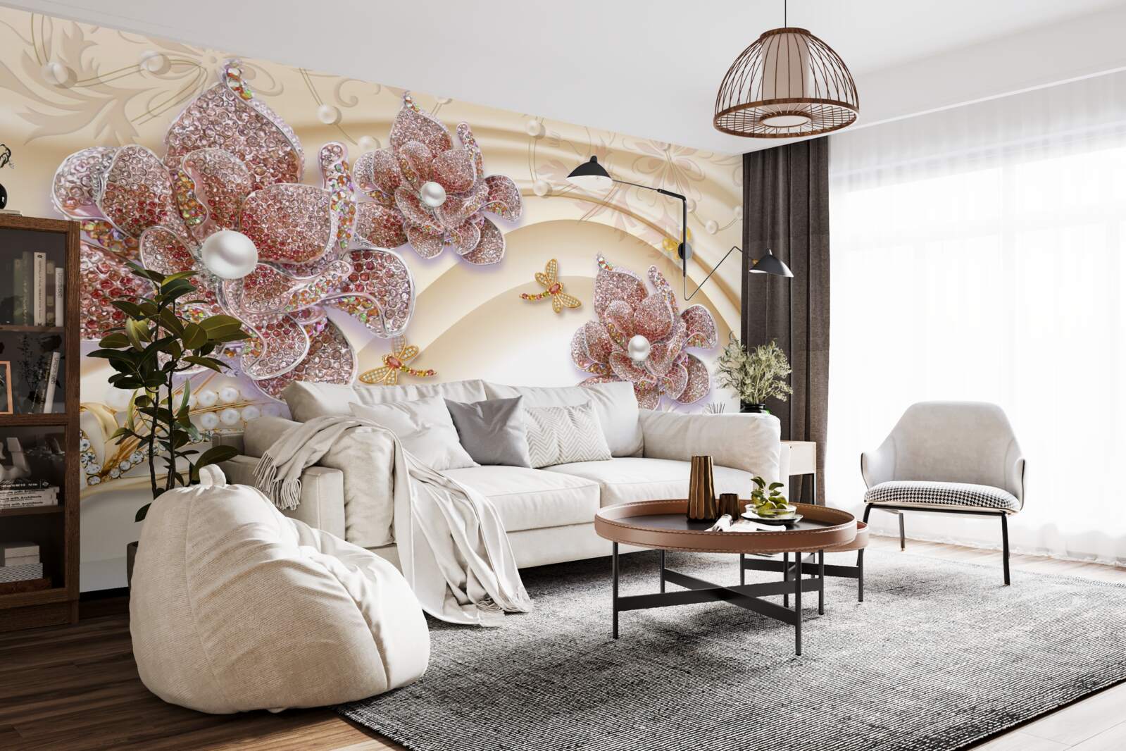 Fotobehang compositie van parelbloemen en vlinders