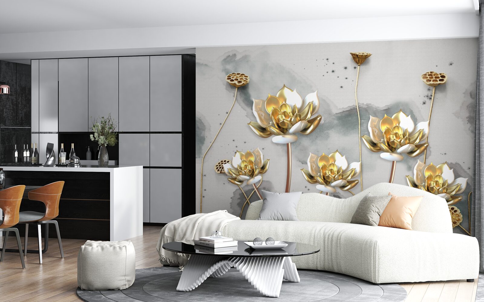 Fotobehang gouden bloemen op sierlijke stelen