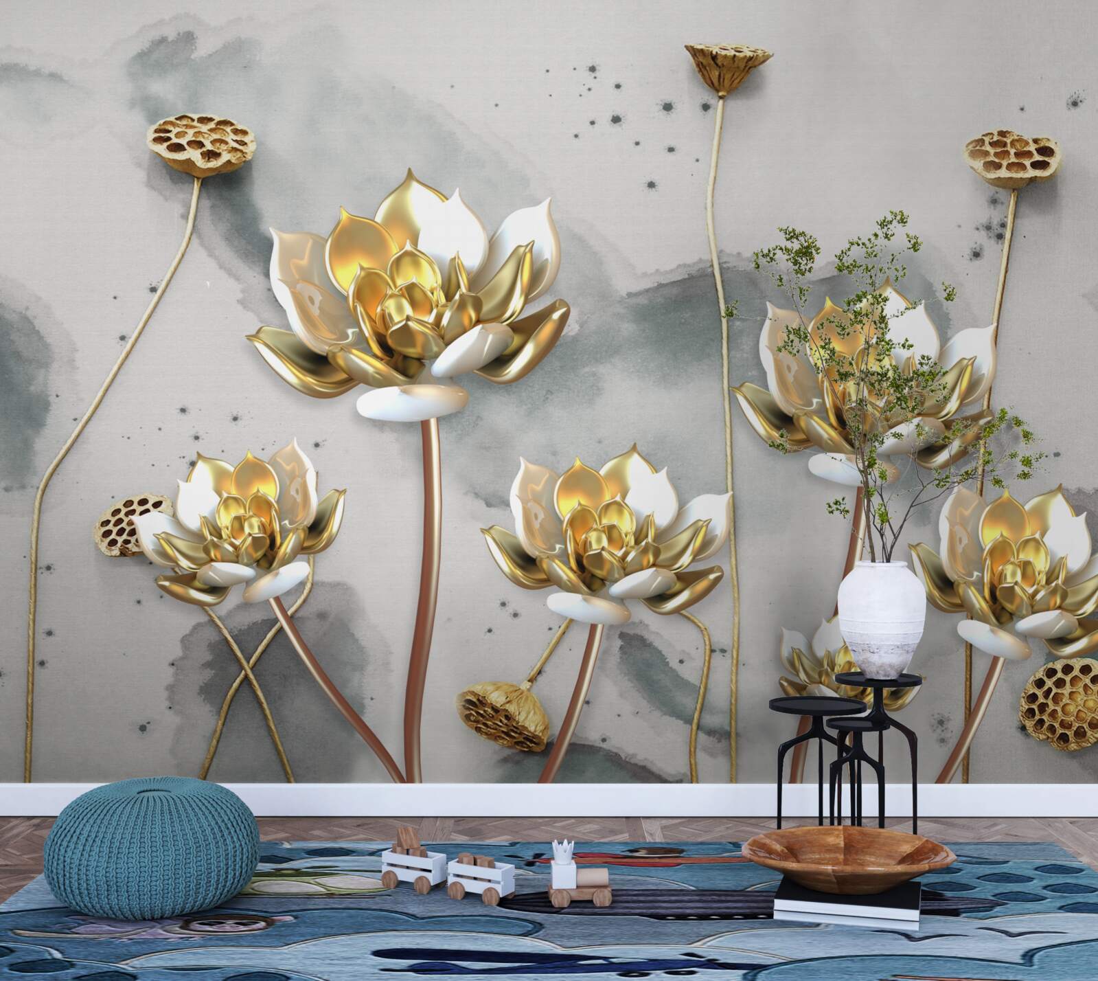 Fotobehang gouden bloemen op sierlijke stelen