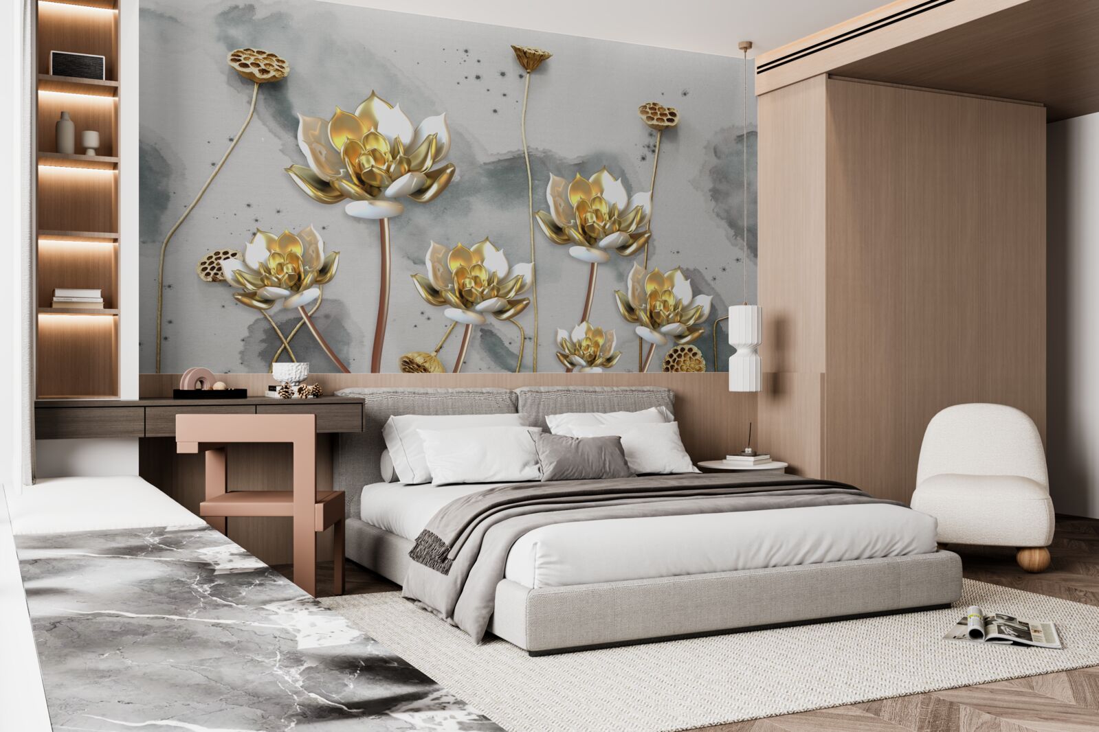 Fotobehang gouden bloemen op sierlijke stelen