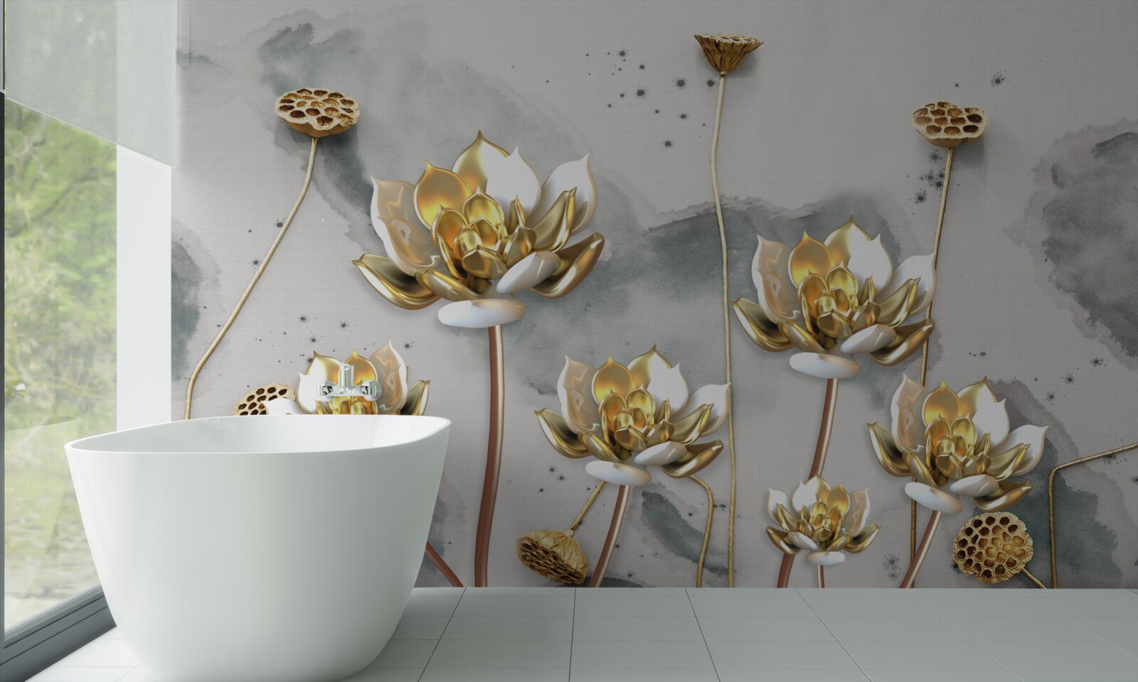 Fotobehang gouden bloemen op sierlijke stelen