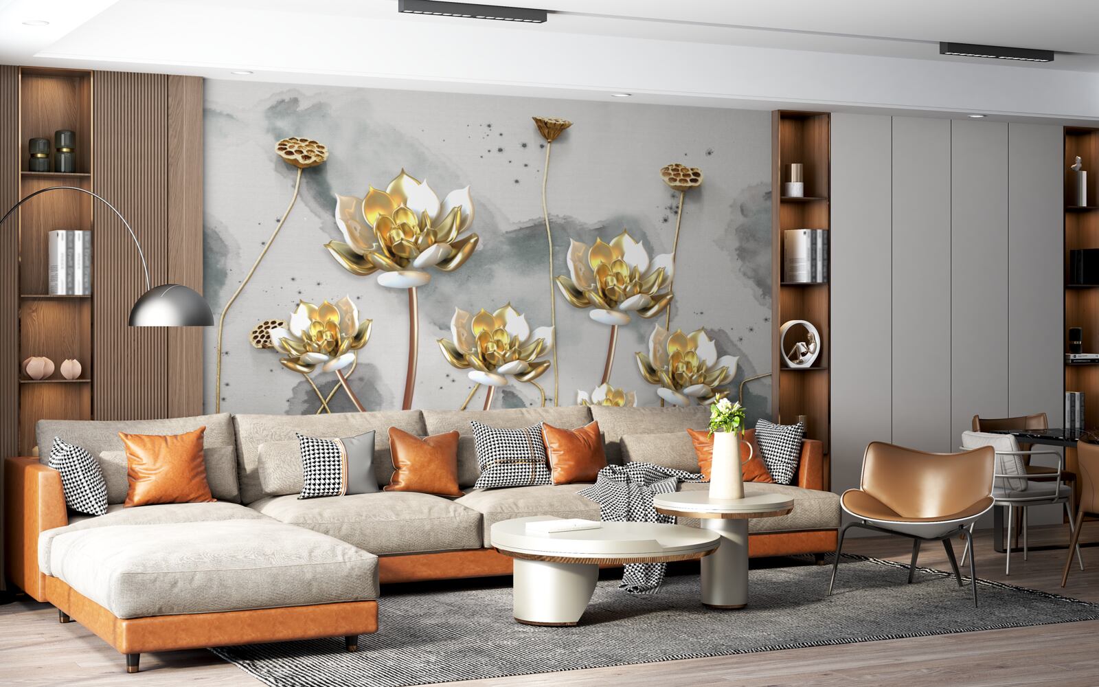 Fotobehang gouden bloemen op sierlijke stelen